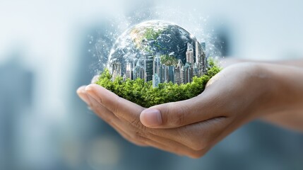 Delicate hands hold thriving future city, globe and greenery with digital network connectivity background and conceptual environmentalism