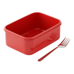 Red plastic food container with matching lid and spoon, ideal for school or office lunches on white background