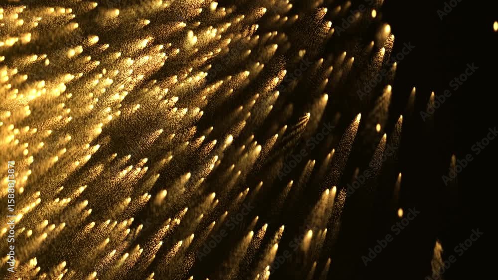 Poster golden particle trails move diagonally in dynamic motion, creating a mesmerizing glowing abstract ba