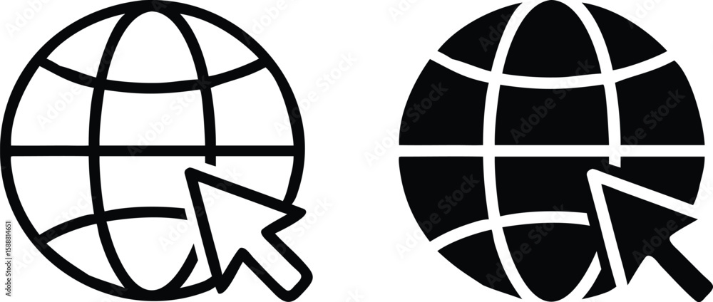 Poster globe cursor icon set – black and white vector web navigation and internet symbol