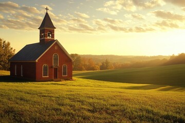 Fototapeta premium A rustic red brick church stands serene in a sun-drenched field, embodying peaceful countryside tranquility.