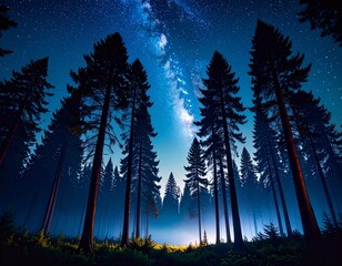 Starry night sky over forest with tall trees.