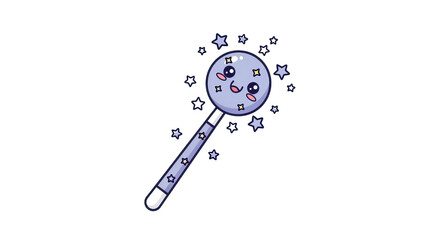 Naklejka premium A whimsical cartoon magic wand sparkles with stars against a dark background, perfect for fantasy and children's themes.