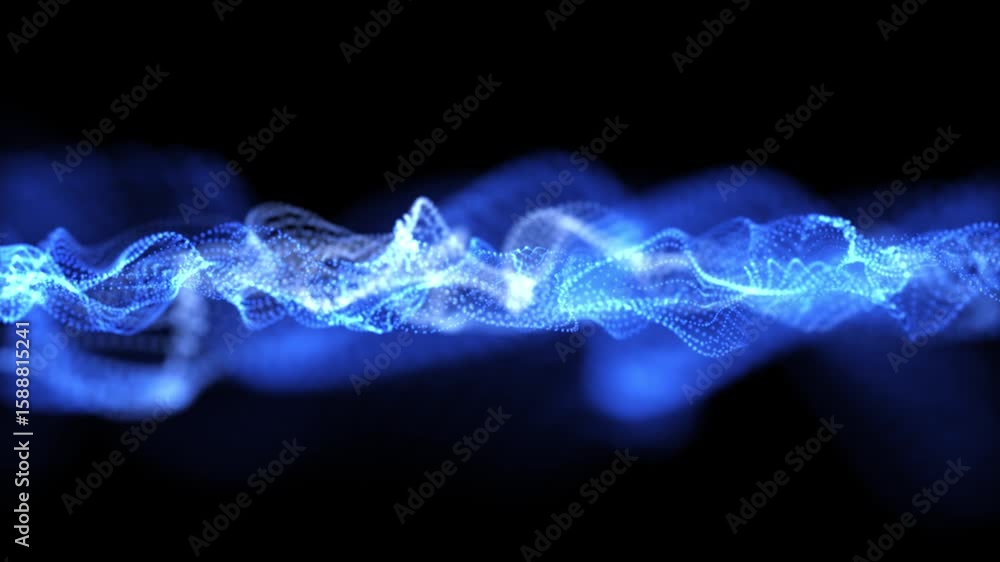 Poster flowing blue particles create a dynamic wave pattern on a dark background. a futuristic digital anim