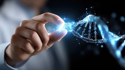 A hand is holding a DNA strand