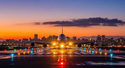 Fototapeta premium Airplane on runway with city skyline and colorful lights during sunset time