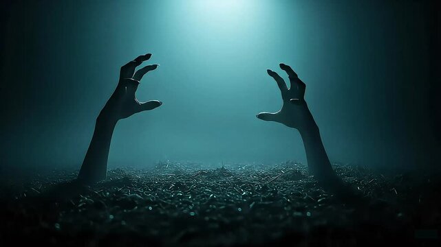 Zombie Hands Rising from Grave in Eerie Dark Blue Light
