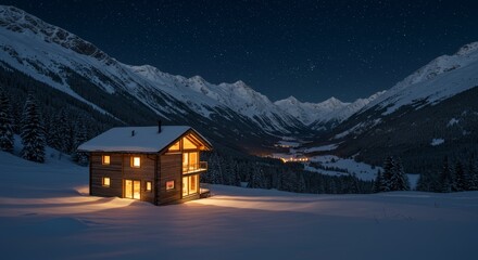 Fototapeta premium Illuminated Modern Cabin Retreat in Snowy Mountain Valley Under Starry Night