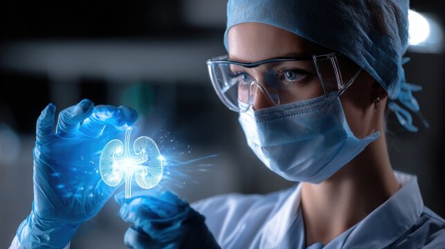 A woman in a lab coat is holding a model of a kidney