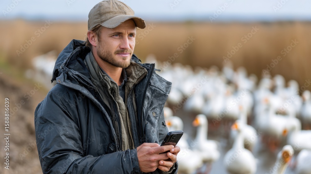 Aufkleber a man is standing in a field with a group of geese
