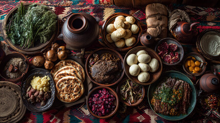 Fototapeta premium Tradycyjna gruzińska uczta z chinkali, chaczapuri i aromatycznymi daniami. Stół pełen kolorów, świeżych składników i domowej atmosfery gościnności Kaukazu.