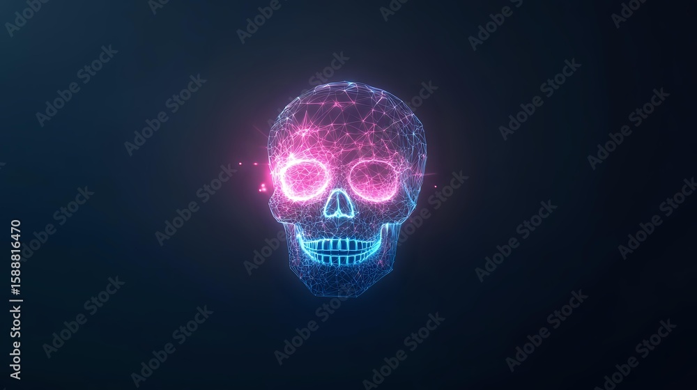 Poster glowing neon skull with pink eyes and blue details floating in dark space, wireframe mesh structure 