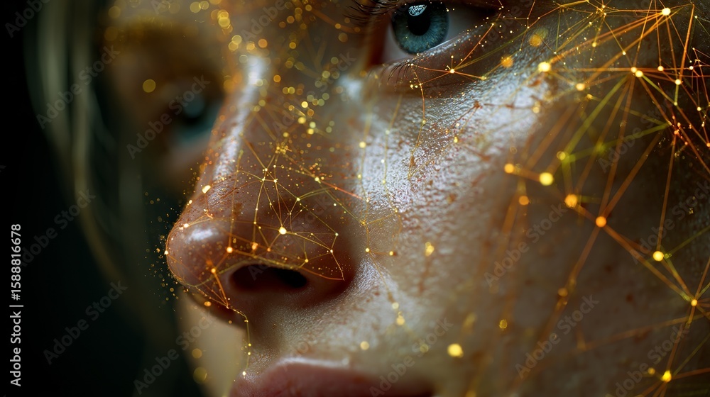 Aufkleber digital connection on human face shows technological advancement and interconnectedness for future p