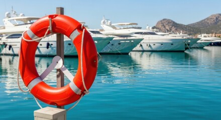 Red Life Ring Hanging on Dock with Luxury Yacht in Background at Marina