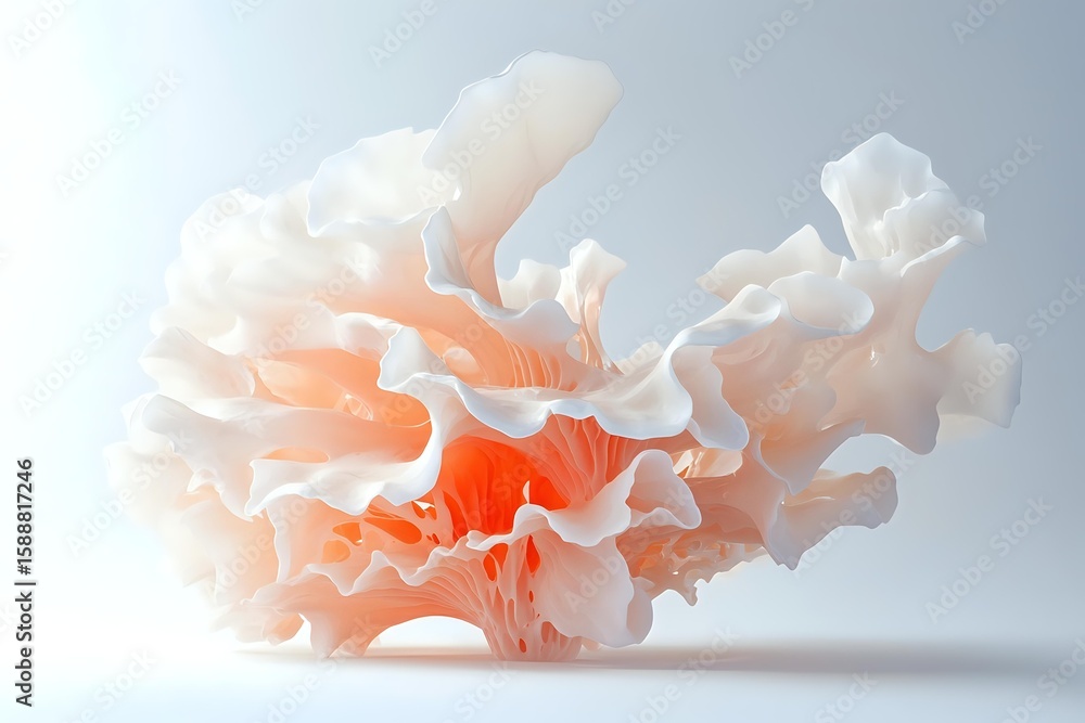 Poster delicate coral-colored abstract organic form with flowing layers and ruffled edges against light gra