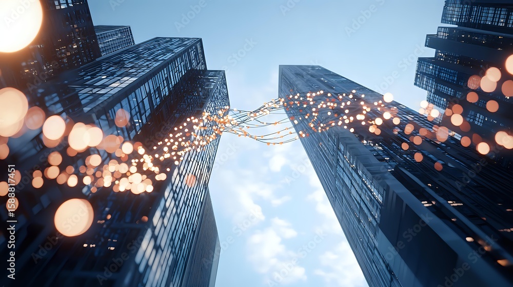 Poster modern glass skyscrapers viewed from below with decorative string lights creating magical bokeh effe