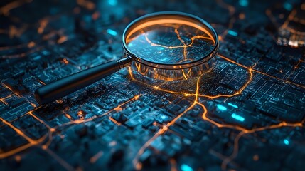 Magnifying glass on glowing circuit board with orange and blue light trails revealing electronic pathways and connections in dark technological background.