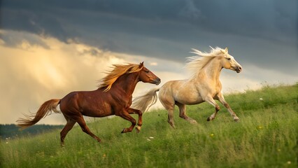 Obraz premium Two Majestic Horses Galloping in Green Meadow under Dramatic Sky with Sun Rays