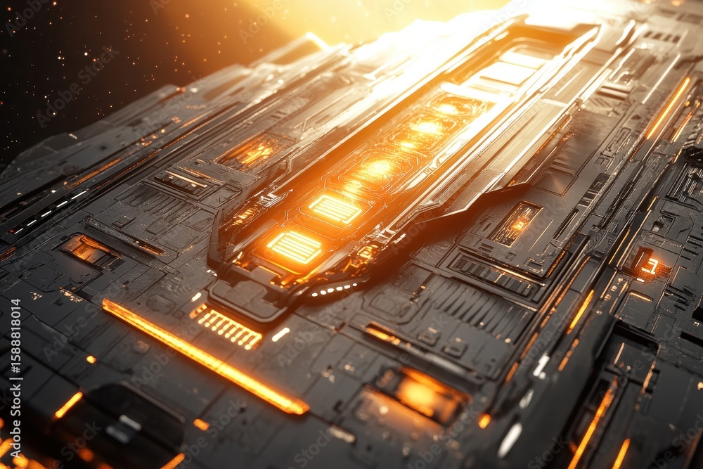 Poster futuristic spacecraft with illuminated panels and abstract design