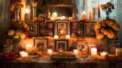 Traditional Day of the Dead altar with photos and candles