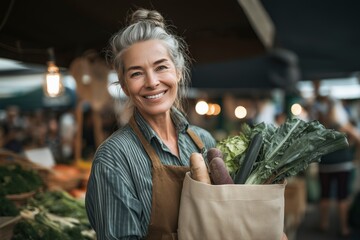 Smiling senior woman with fresh vegetables at a farmers market