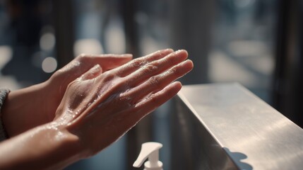 Close up of person washing hands with sanitizer or soap