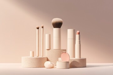 Minimalist still life of cosmetic products on beige background