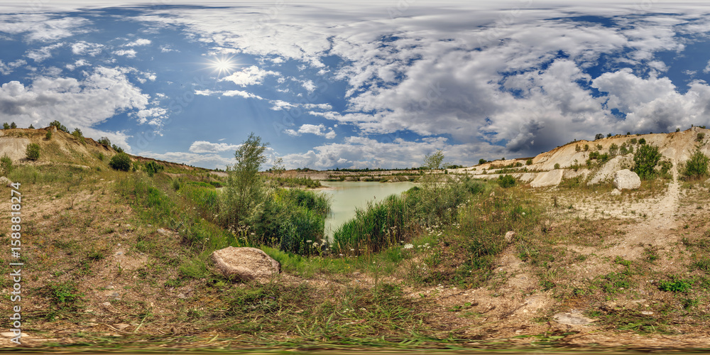 Wall mural full seamless 360 hdri panorama near quarry flooded with water for sand extraction mining in sunny d