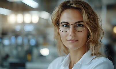 Fototapeta premium Young professional woman with blonde wavy hair and glasses smiling confidently in office setting with soft bokeh background lighting. Warm business portrait.