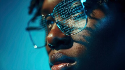Close-up of code and data reflected in a person's glasses