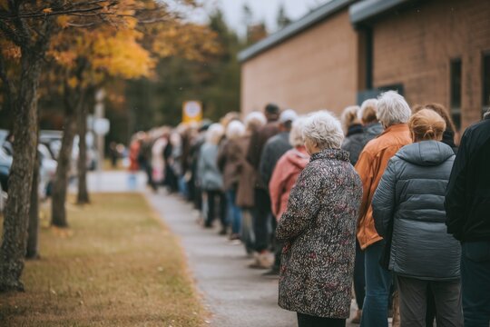Line of people waiting outdoors in an autumn setting