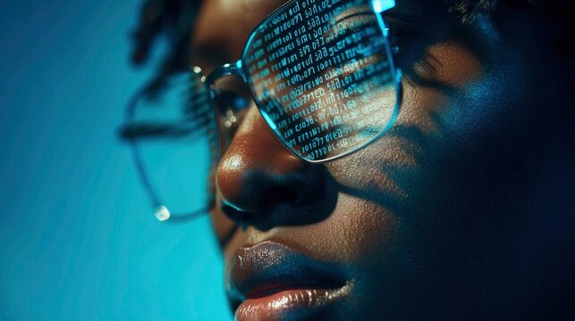 Close-up of code and data reflected in a person's glasses