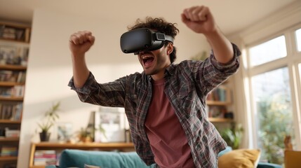 Excited man wearing a VR headset celebrating a win at home