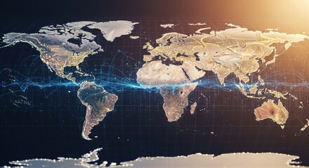 Digital World Map with Connected Data Lines and Glowing Highlights in Global Network Scene