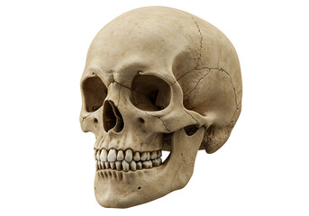 A detailed view of a human skull showing the eye sockets, teeth, and bone structure against a white background.
