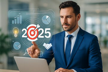 Businessman using laptop with futuristic digital interface showing 2025 business goals, analytics, target, team, and innovation icons in modern office environment