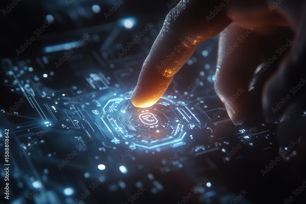 Aufkleber hand touching digital circuit board with interactive technology elements