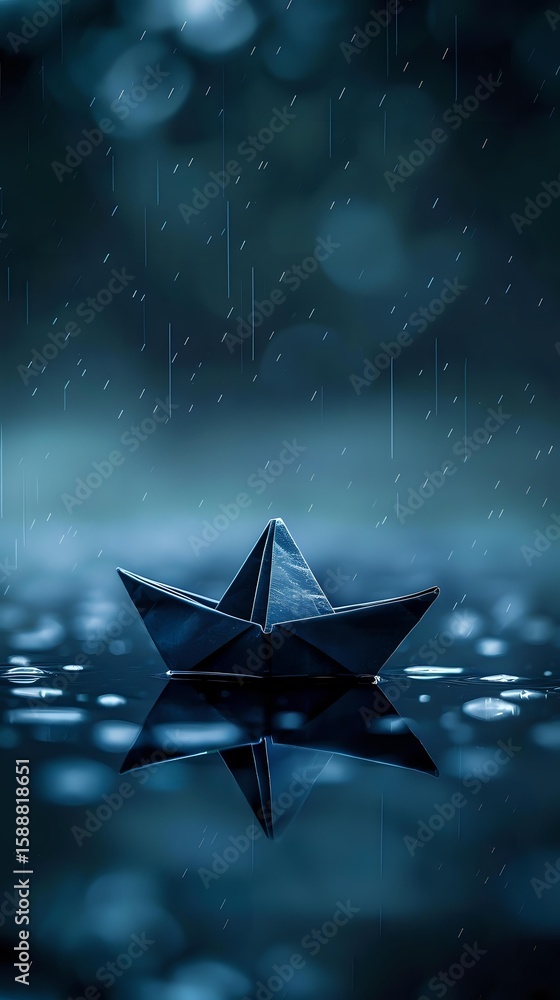 Poster Paper boat floating on water surface during rain with bokeh lights and reflection in moody blue tones, creating atmospheric minimalist scene.