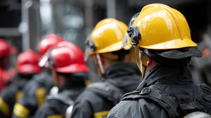 A group of firefighters are lined up in front of a building
