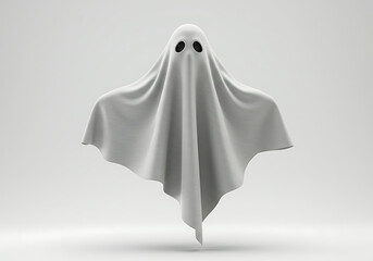 A simple, solitary, white ghost floating in a neutral, grey background.