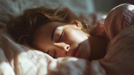 Serene young woman sleeping in bed with soft sunlight