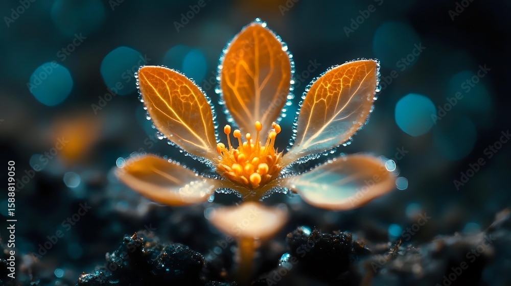 Poster orange translucent leaves with glowing edges against dark background with bokeh lights, macro photog