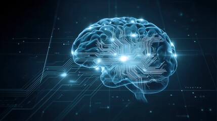 3D human brain with a glowing circuit board inside