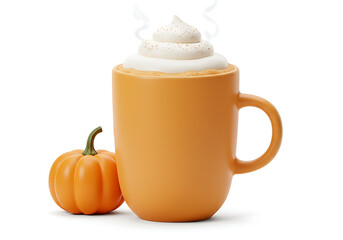 A steaming pumpkin spice latte with whipped cream in an orange mug, next to a small pumpkin.