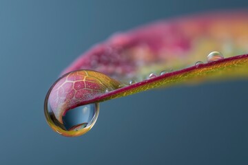 Macro photo of a water drop on a colorful autumn leaf