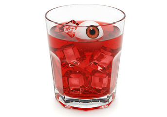 A glass filled with red liquid and ice cubes, featuring a floating eyeball, isolated on a white background.