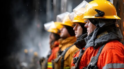 Obraz premium Four firefighters are standing in a line, all wearing yellow helmets
