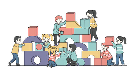 Children collaborating to build a tall structure using colorful geometric blocks together fostering teamwork and creativity in a playful environment