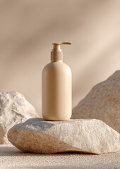 Minimalist shampoo bottle stands elegantly on textured stone surface, surrounded by soft, sandy tones. design exudes simplicity and modernity, creating serene atmosphere