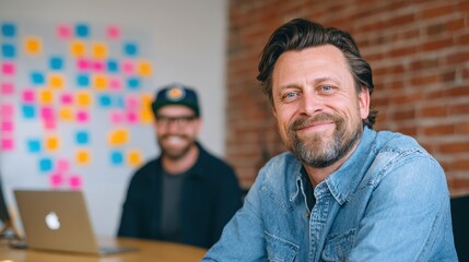 Two men in a casual office setting, one smiling at the camera with a laptop and colorful sticky notes on the wall behind them.